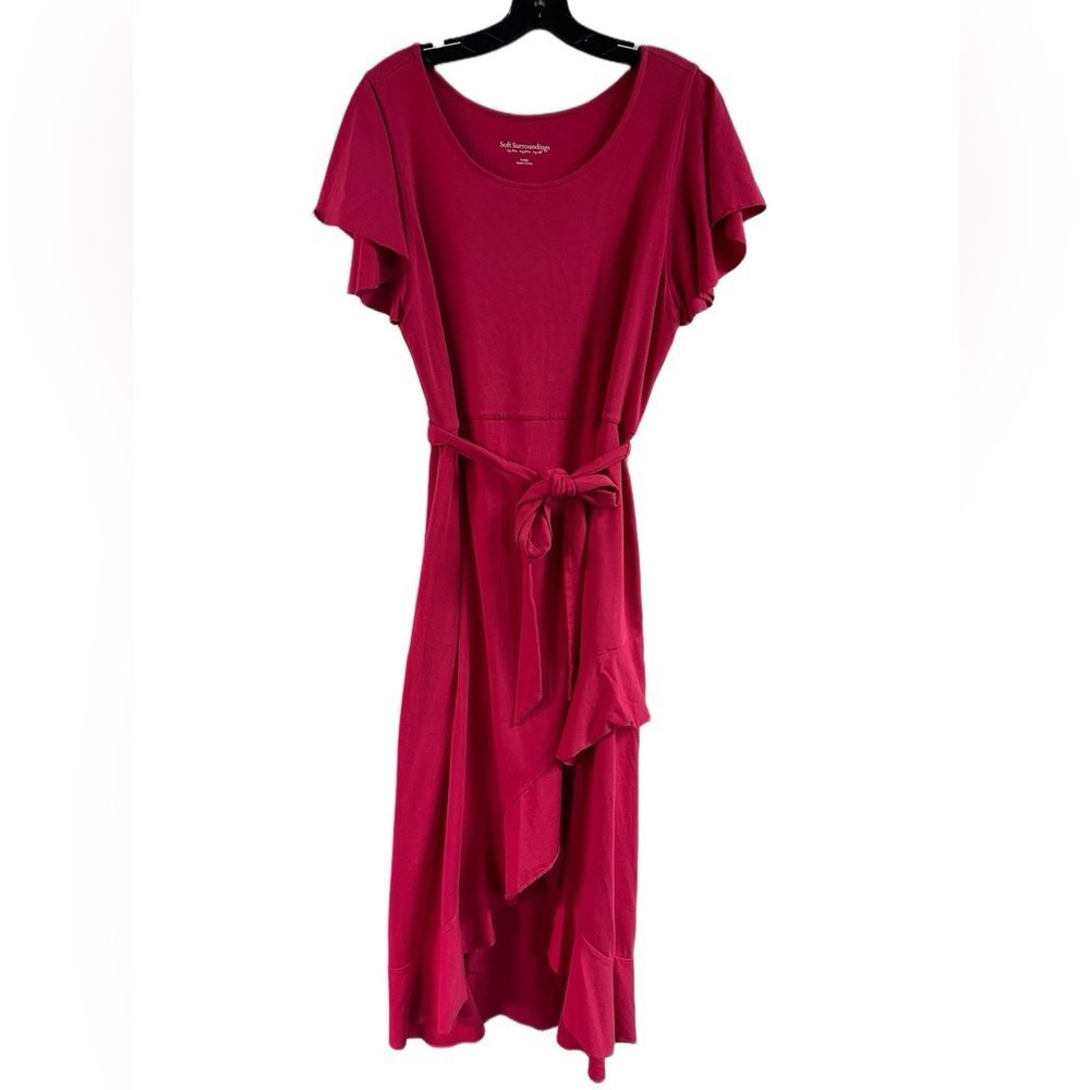 Soft Surroundings Pink Faux Wrap Ruffle Hem Belted Dress Size L